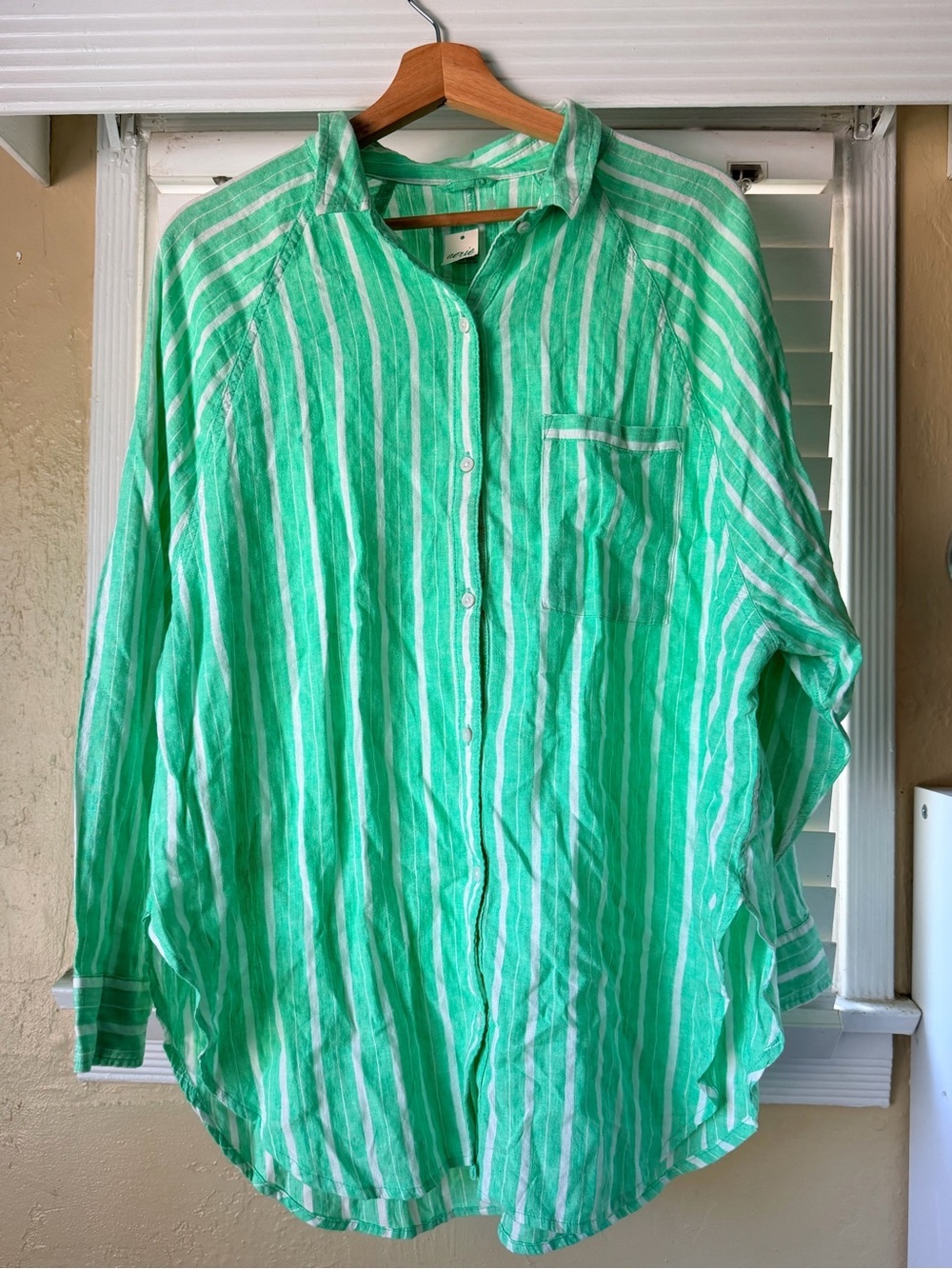 aerie Green and White Striped Women's Button-Down Linen Blend Shirt